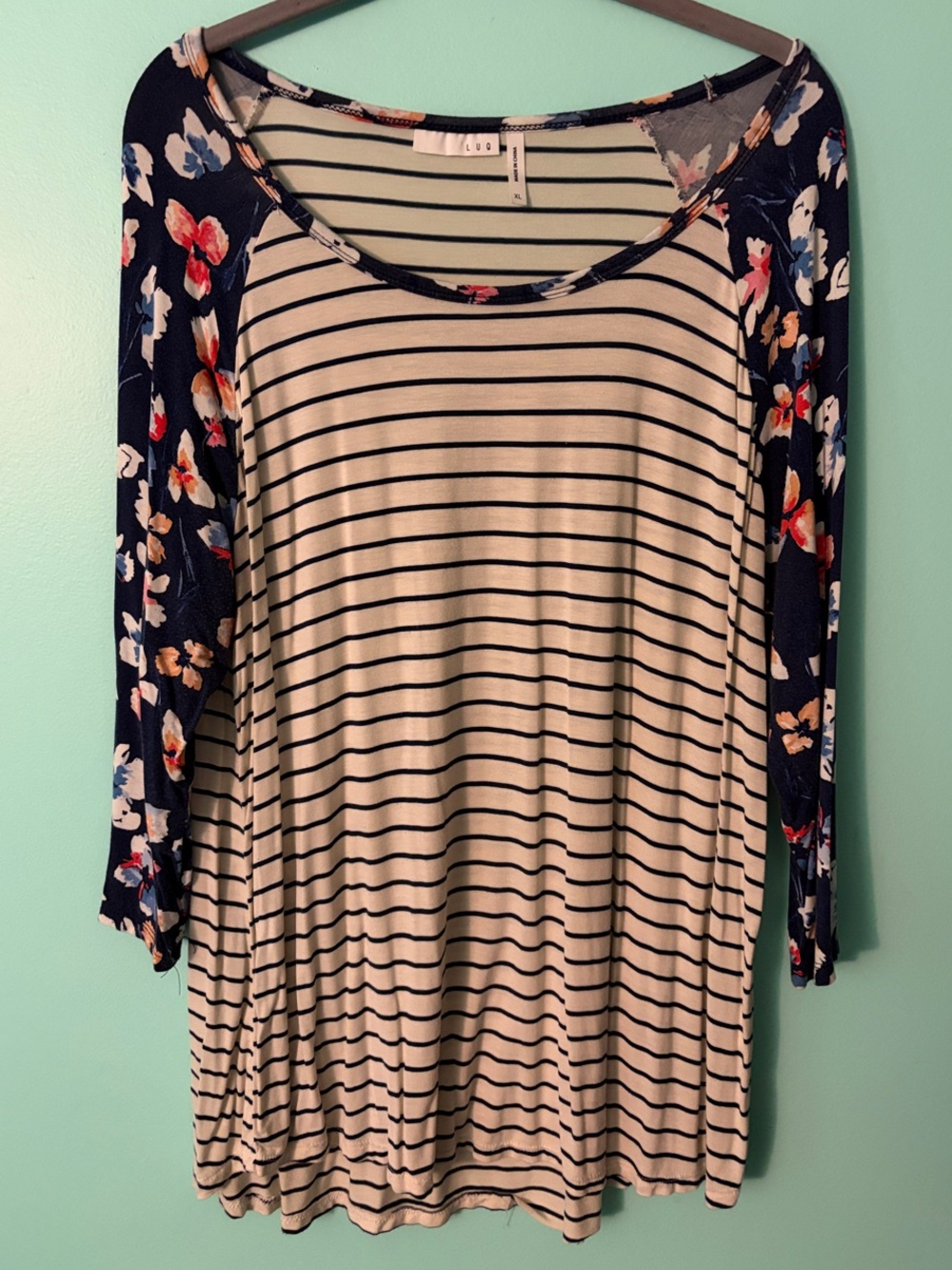 Striped Cream & Navy Floral Sleeve Women’s Top